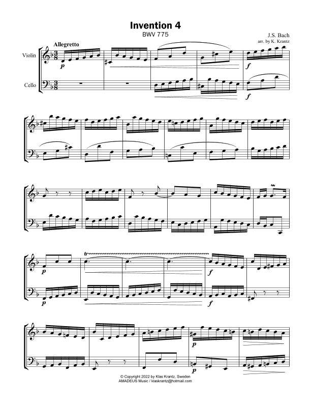Invention No. 4, D Minor for violin and cello (arr. K. Krantz)