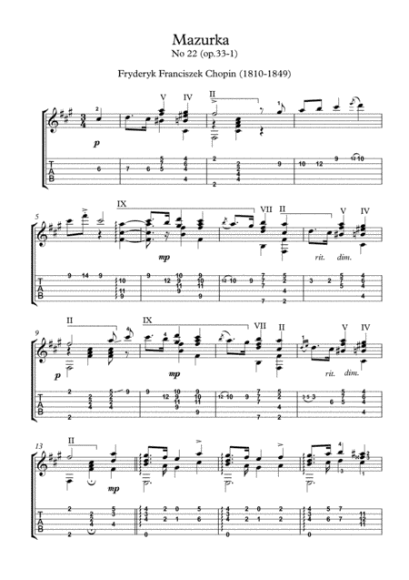 Chopin Mazurka No 22 classical guitar solo (arr. PianoSheetNow)