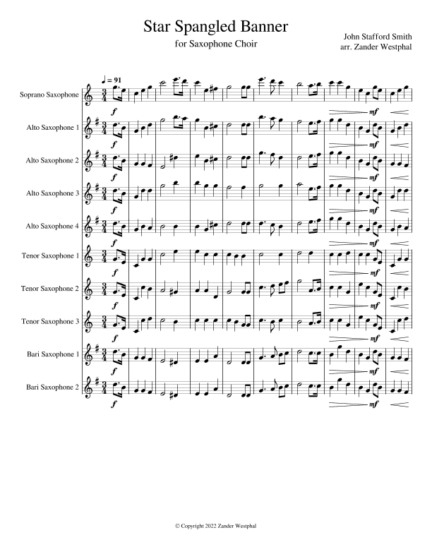Star Spangled Banner for Saxophone Choir (arr. Zander Westphal)