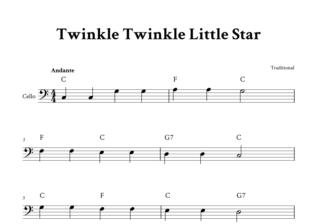 Twinkle Twinkle Little Star - Cello in C (with Chords) (arr. Yuri Noronha)