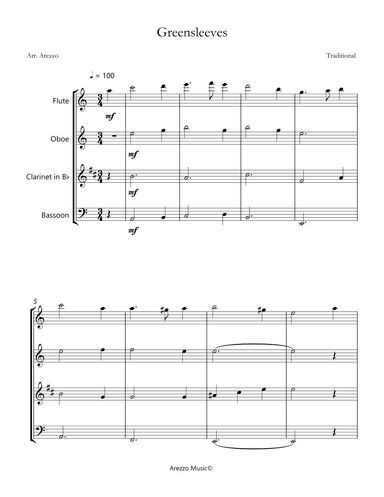 greensleeves woodwind quartet sheet music (arr. Arezzo Music)