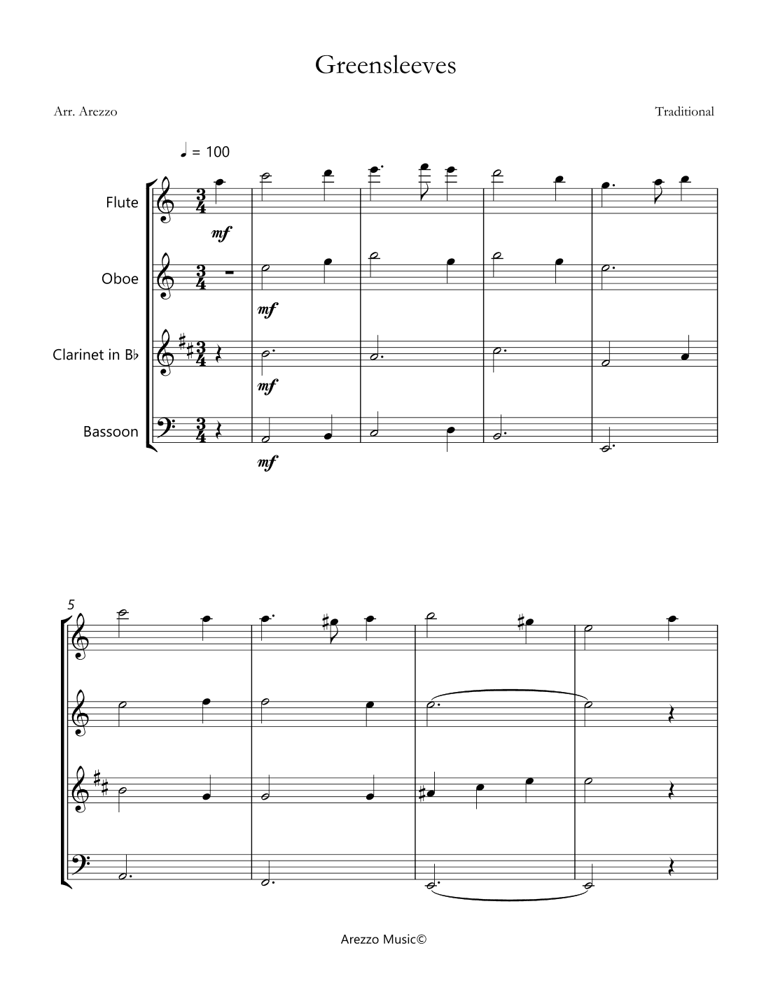 greensleeves woodwind quartet sheet music (arr. Arezzo Music)