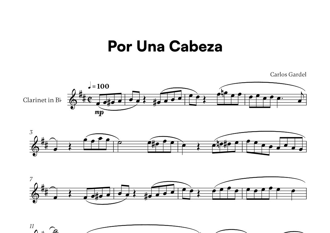 Carlos Gardel - Por Una Cabeza for Clarinet in Bb Solo (arr. Cadenza Editions)