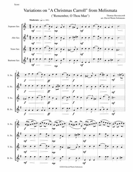 Variations on Remember, O Thou Man (from Ravenscroft's Melismata) for saxophone quartet (arr. David Warin Solomons)