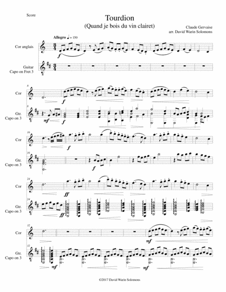 Tourdion (Quand je bois du vin clairet) for cor anglais and guitar (arr. David Warin Solomons)