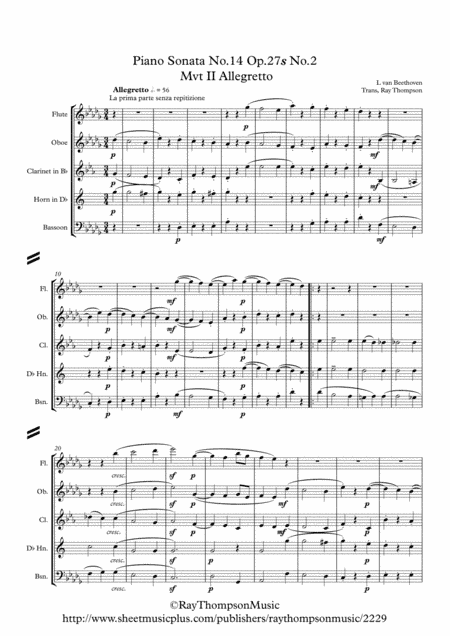 Beethoven: Piano Sonata No.14 in C sharp min.Op 27 No.2 (Moonlight) Mvt.II Allegretto - wind quintet (arr. Ray Thompson)