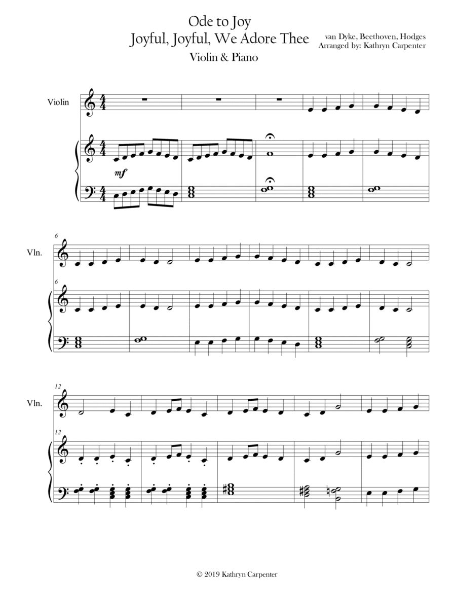 Joyful, Joyful, We Adore Thee (Ode to Joy) Piano & Violin (arr. Kathryn Carpenter)