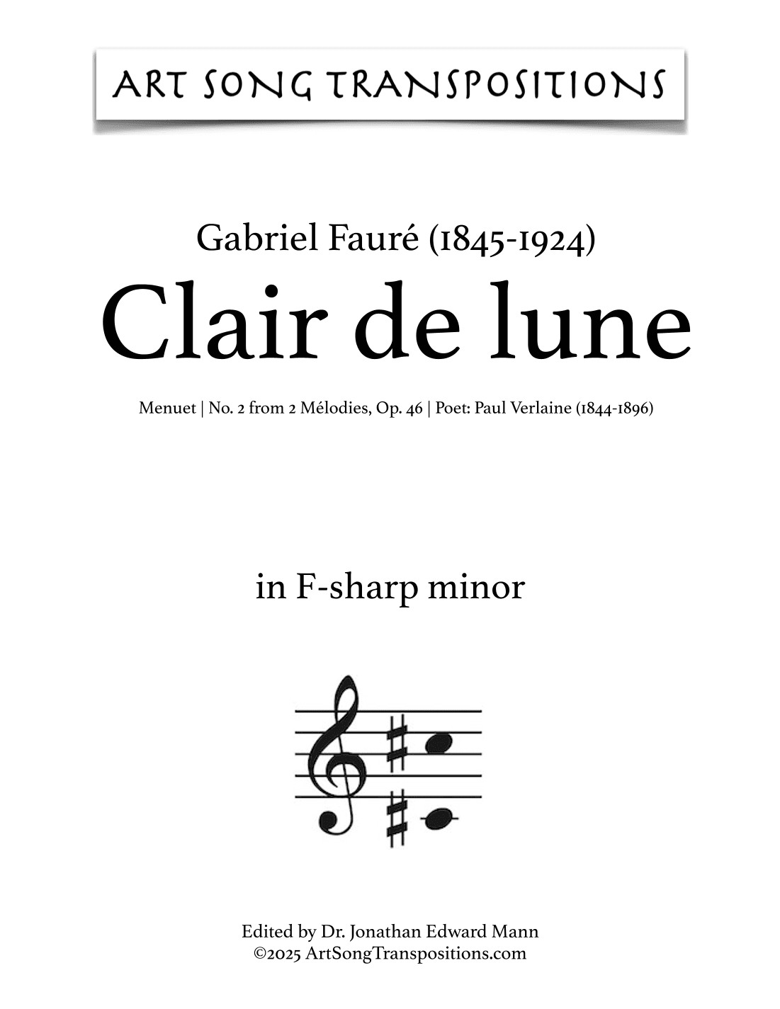 FAURÉ: Clair de lune, Op. 46 no. 2 (transposed to A minor, bass clef) (arr. ArtSongTranspositions.com)