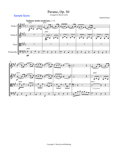 PAVANE Op. 50 by Fauré String Quartet, Intermediate Level for 2 violins, viola and cello (arr. Sherry Lewis)