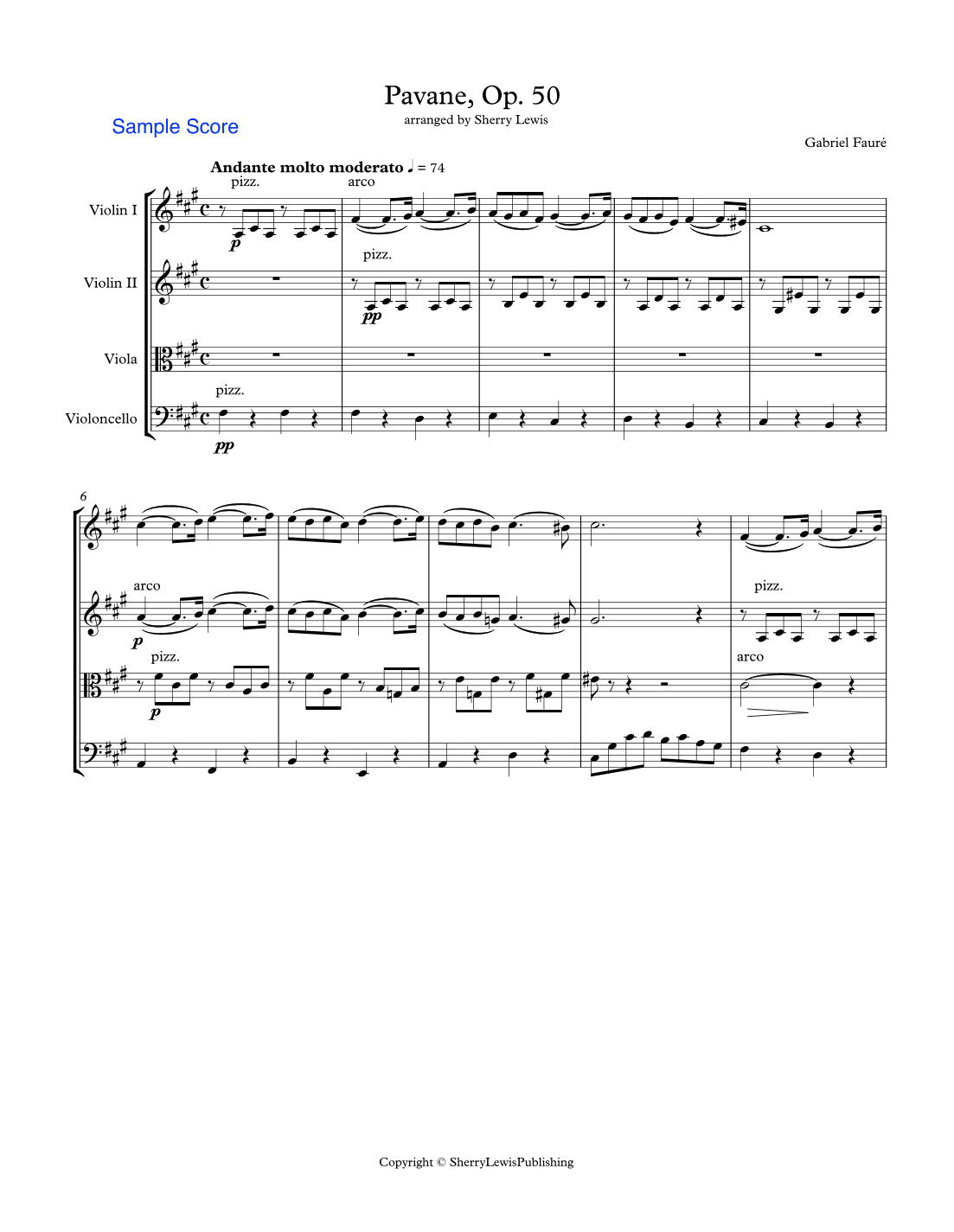 PAVANE Op. 50 by Fauré String Quartet, Intermediate Level for 2 violins, viola and cello (arr. Sherry Lewis)