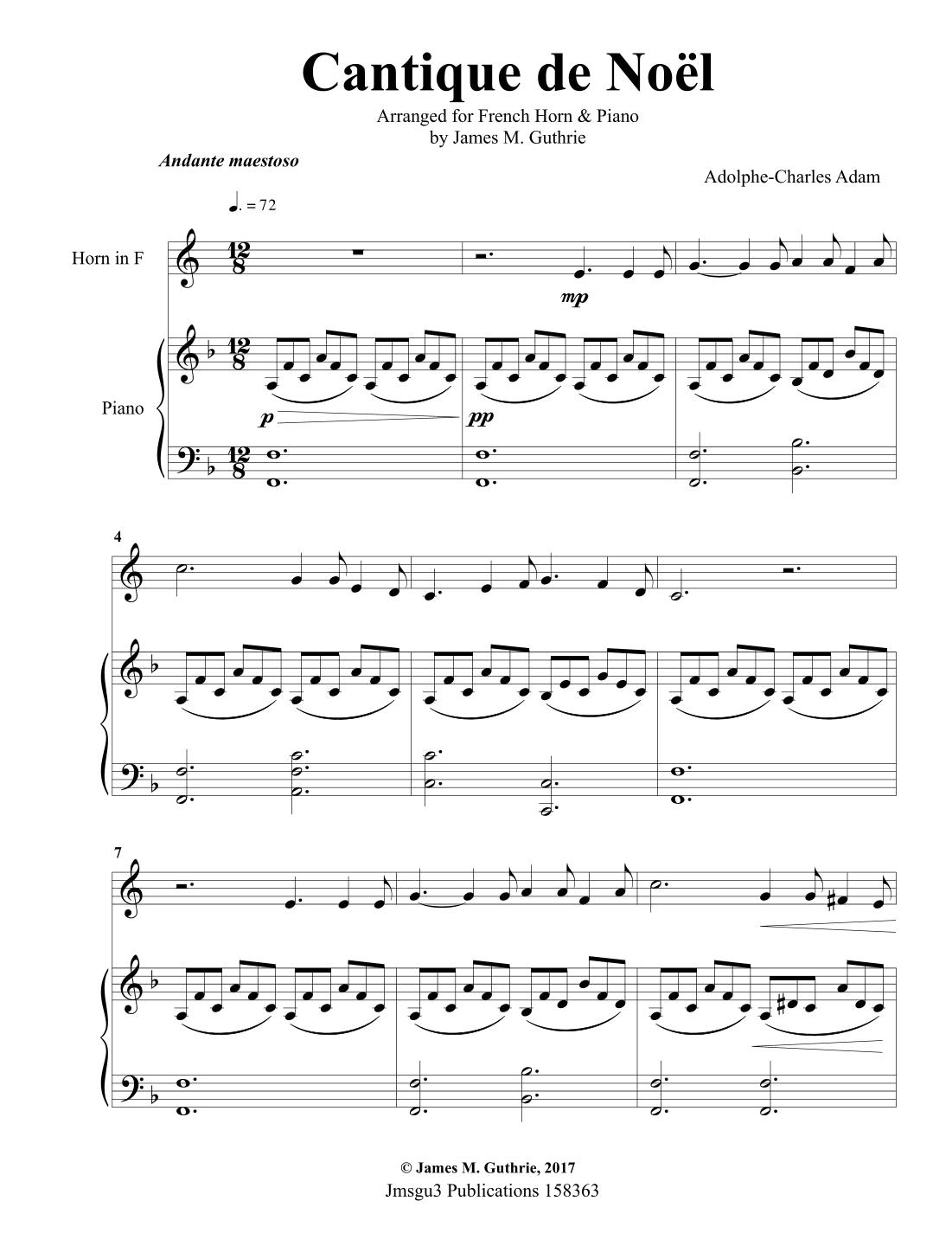 Cantique de Noël for French Horn & Piano (arr. James M. Guthrie, ASCAP)