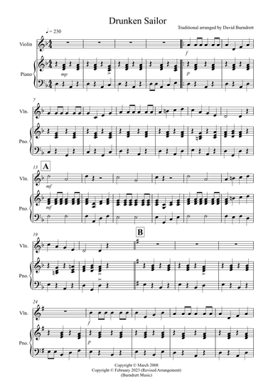 Drunken Sailor for Violin and Piano (arr. David Burndrett)