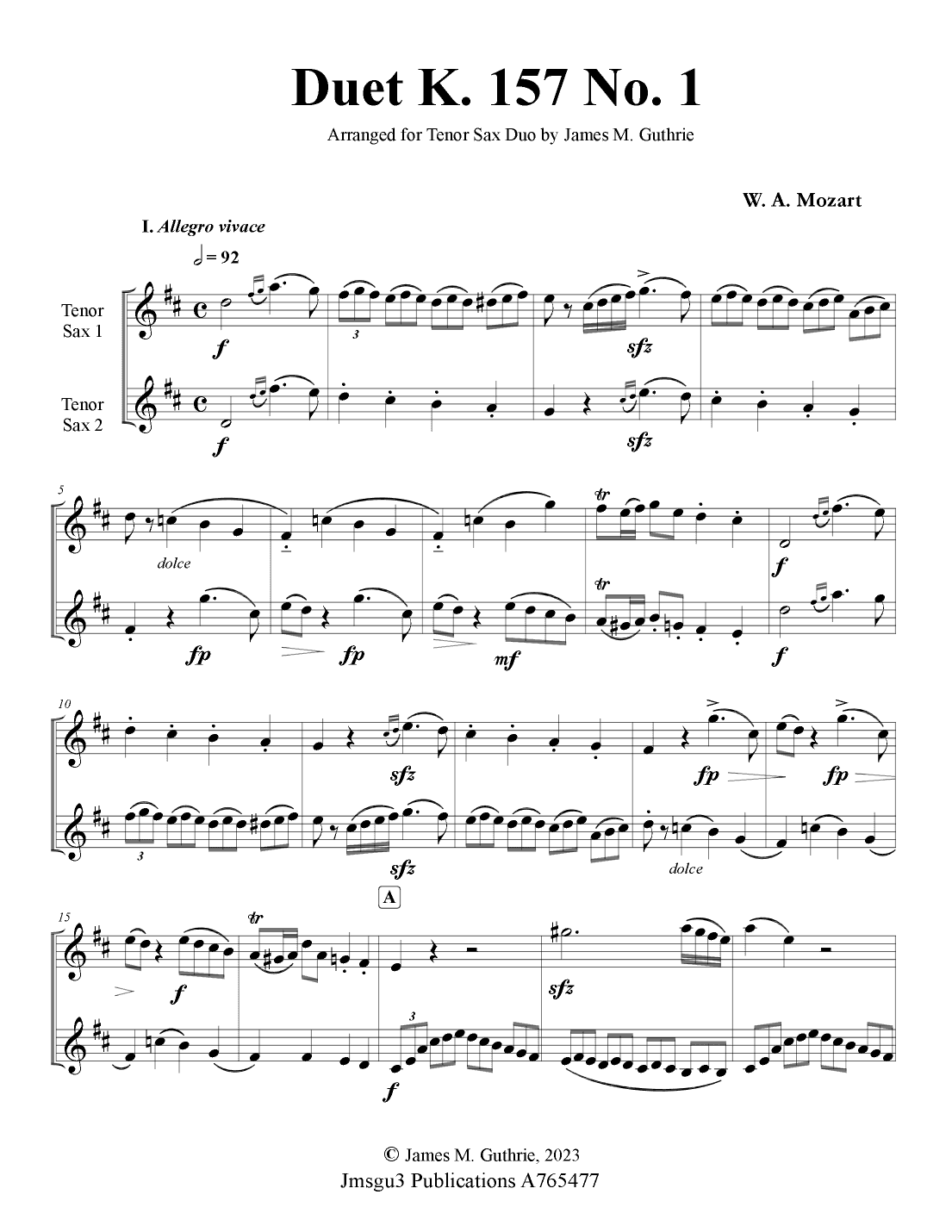 Mozart: K. 157 Complete - Three Duets for Tenor Sax Duo (arr. James M. Guthrie)