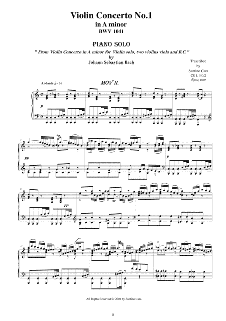 JS Bach Violin Concerto BWV 1041-2_Andante-Piano solo (arr. Santino Cara)