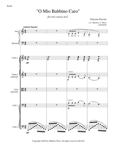 O Mio Babbino Caro duet for 2 voices and strings (arr. Matthew C. Weiss)