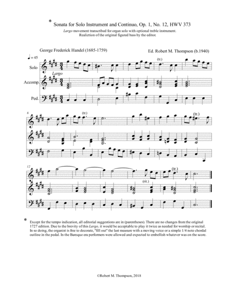 Andante for Organ or Organ and Treble Instrument (arr. Robert M. Thompson)