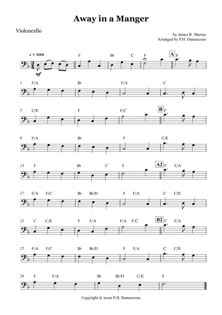 Away in a Manger - Violioncello Solo with Chords (arr. P.H. Damasceno)
