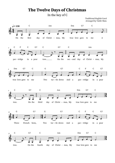 The Twelve Days Of Christmas (C major) (arr. Valdir Maia)