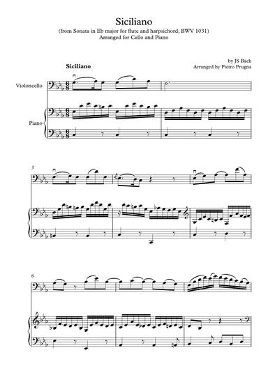 Siciliano (from Sonata in Eb major for flute and harpsichord) BWV 1031 - arr for cello and piano (arr. Pietro Prugna)