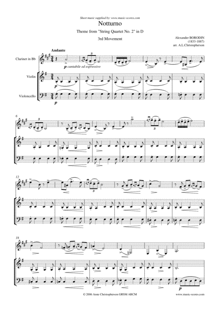 Notturno from Quartet No. 2: Trio - Clarinet, Violin and Cello. (arr. Anne L Christopherson GRSM ARCM)