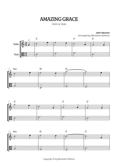 Amazing Grace • super easy violin and viola sheet music with chords (arr. Benzaiten Editions)