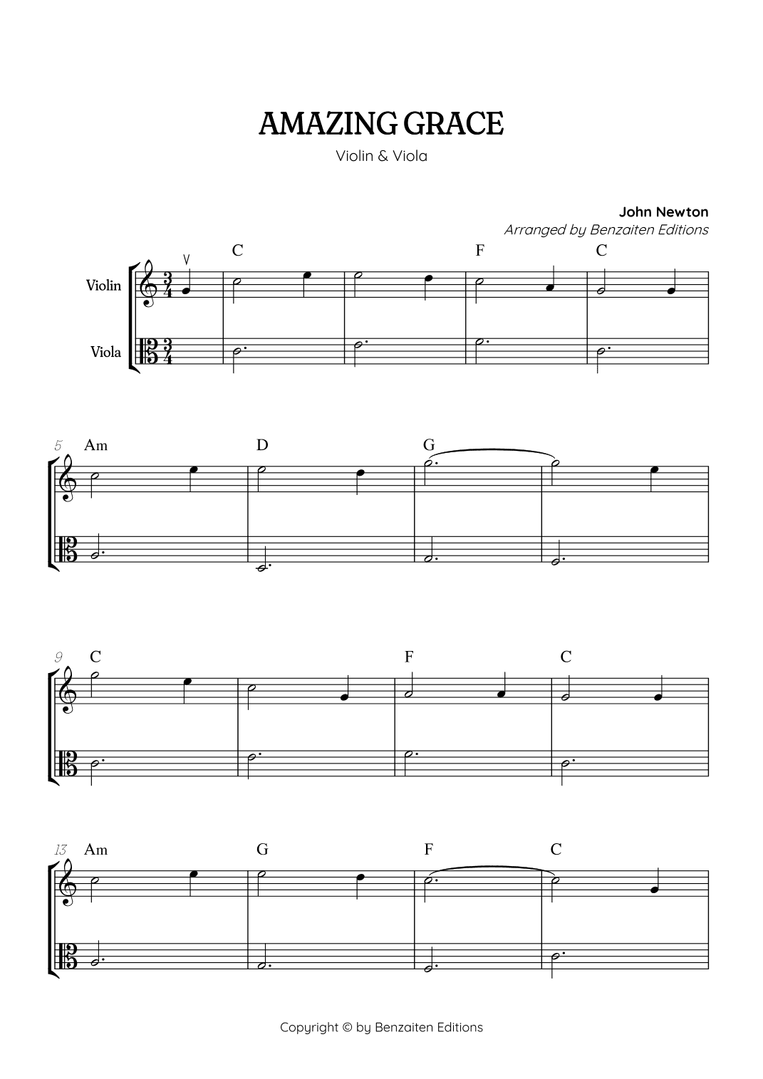 Amazing Grace • super easy violin and viola sheet music with chords (arr. Benzaiten Editions)