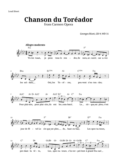 Chanson du Toreador by Bizet for High Voice (arr. Langanho)