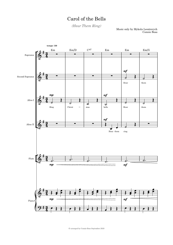 Carol of the Bells (Hear Them Ring) SSAA flute and piano (arr. Connie Boss)