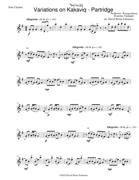 Variations on Կաքաւիկ - Kakaviq - Partridge - for clarinet solo (arr. David Warin Solomons)
