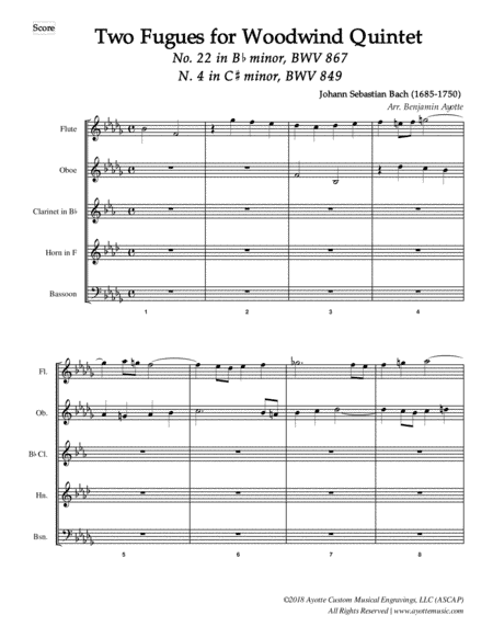 Two Bach Fugues from the Well Tempered Clavier for Woodwind Quintet: BWV 867 in Bb minor and BWV 849 (arr. Benjamin Ayotte)