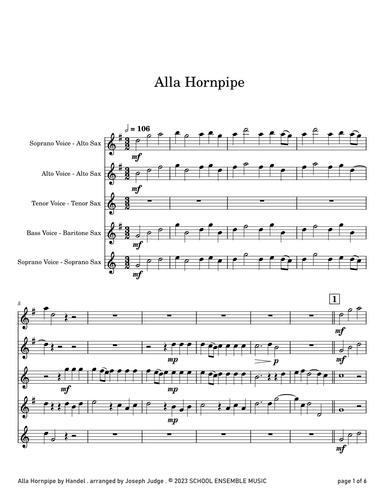Alla Hornpipe by Handel for Saxophone Quartet in Schools (arr. Joseph Judge)