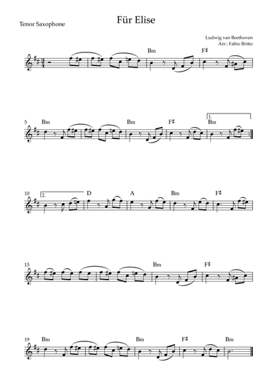 Für Elise (Beethoven) for Tenor Saxophone Solo with Chords (Simplified) (arr. Fabio Britto)