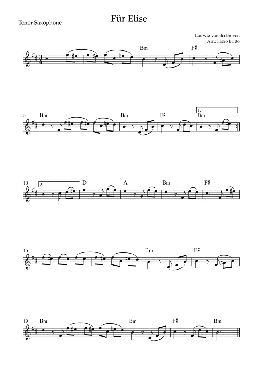 Für Elise (Beethoven) for Tenor Saxophone Solo with Chords (Simplified) (arr. Fabio Britto)