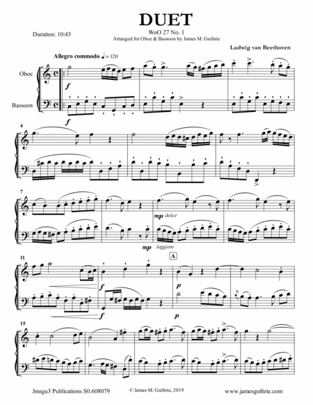 Beethoven: Three Duets WoO 27 for Oboe & Bassoon (arr. James M. Guthrie, ASCAP)