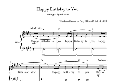 Happy Birthday to You Piano in A Easy Intermediate Chord Lyrics Pedal (arr. Milanov)