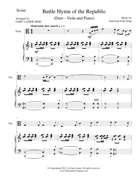BATTLE HYMN OF THE REPUBLIC (Duet – Viola and Piano/Score and Parts) (arr. Gary Lanier)