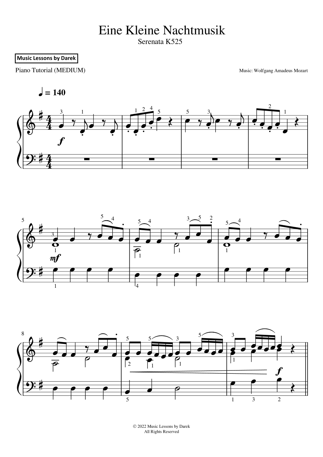Eine Kleine Nachtmusik (MEDIUM PIANO) Serenata K525 [Wolfgang Amadeus Mozart] (arr. Darek)
