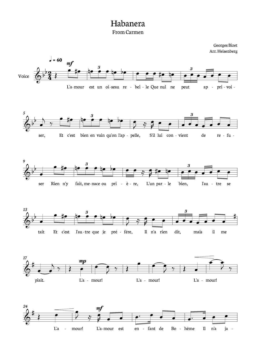 Habanera Carmen - Georges Bizet for voice in G minor. (arr. Heisenberg)