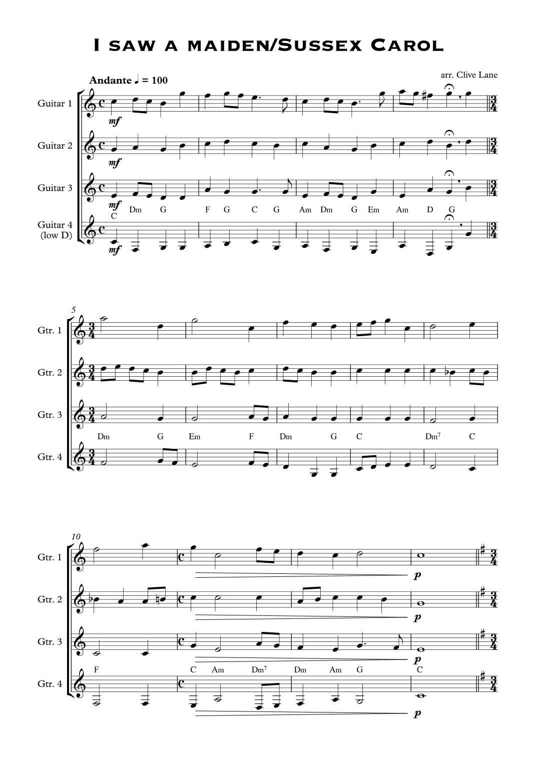 I Saw a Maiden/Sussex Carol (for guitar quartet) (arr. Clive Lane)