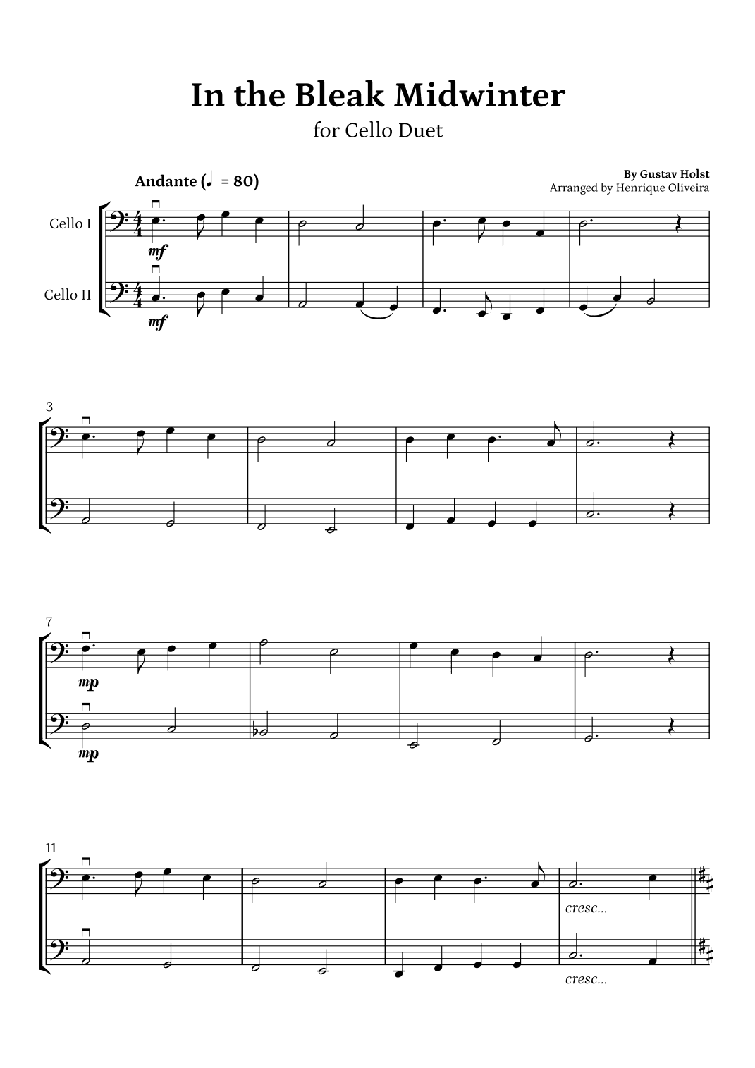 In the Bleak Midwinter (Cello Duet) - Beginner Level (arr. Henrique Oliveira)