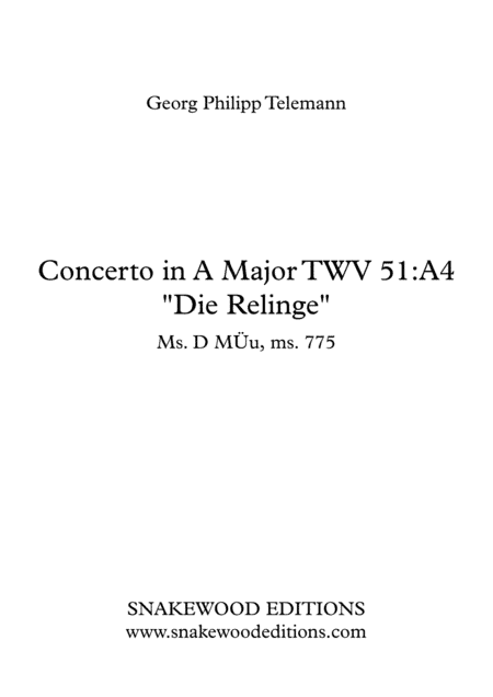 TELEMANN – VIOLIN CONCERTO IN A MAJOR "THE FROGS", TWV 51:A4 (Score and parts in PDF) (arr. Sneakwood Editions)