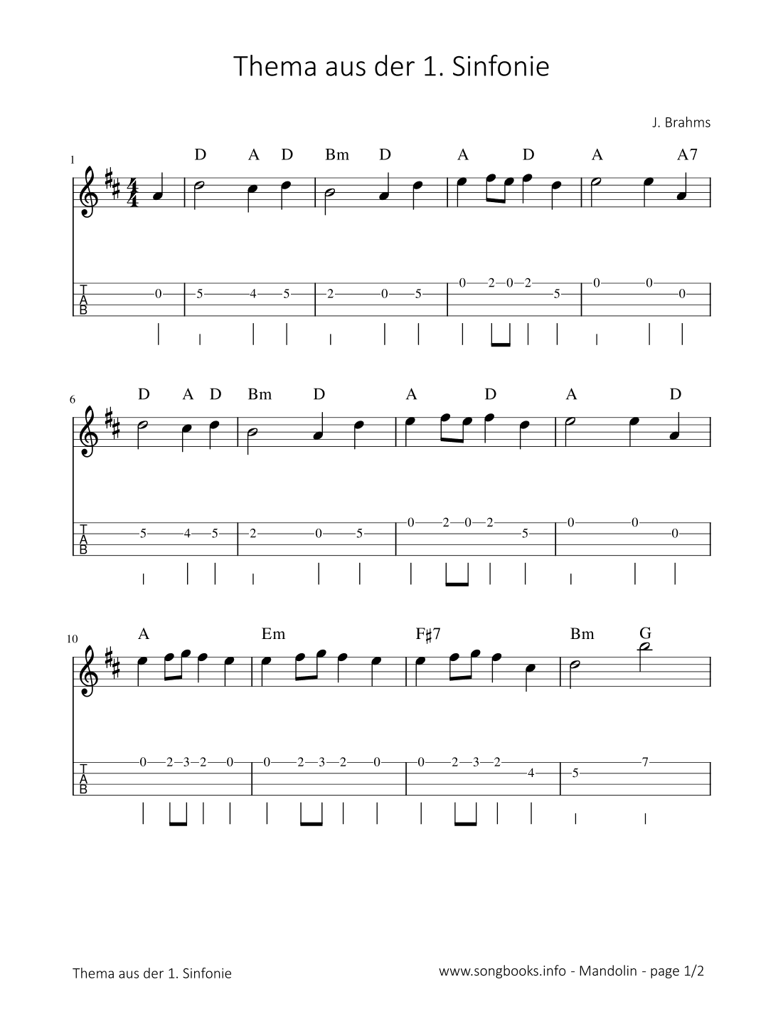 Thema aus der 1. Sinfonie - J. Brahms (arr. songbooks.info)