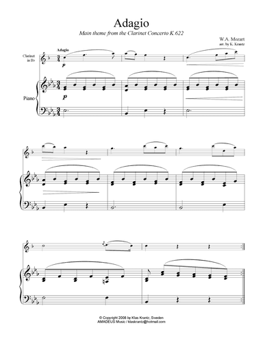 Adagio from the clarinet concerto (theme) for clarinet in Bb and easy piano (arr. Klas Krantz)