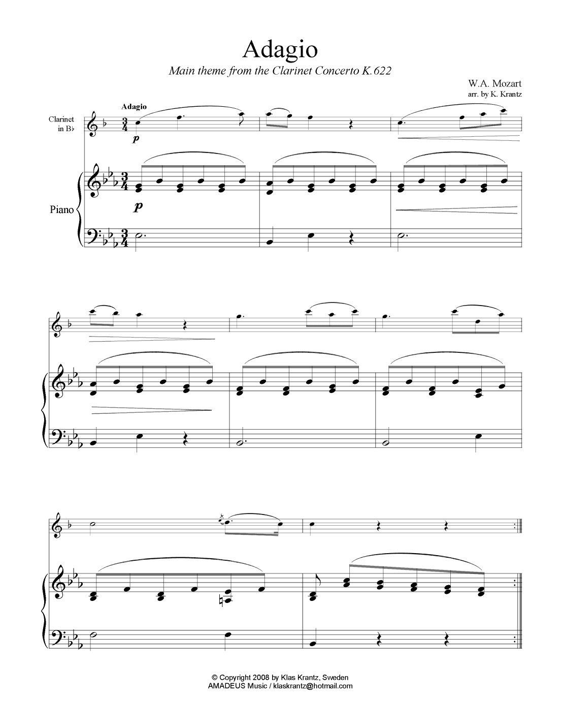 Adagio from the clarinet concerto (theme) for clarinet in Bb and easy piano (arr. Klas Krantz)