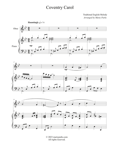 Coventry Carol (Oboe-Piano) (arr. Marty Parks)