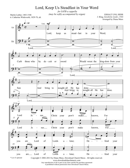 Lord, Keep Us Steadfast in Your Word (SATB a cappella) (arr. Diana Meux)