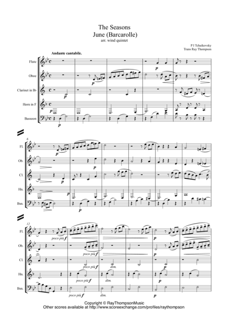 Tchaikovsky: The Seasons Op.37a No.6 June (Barcarolle) - wind quintet (arr. Ray Thompson)