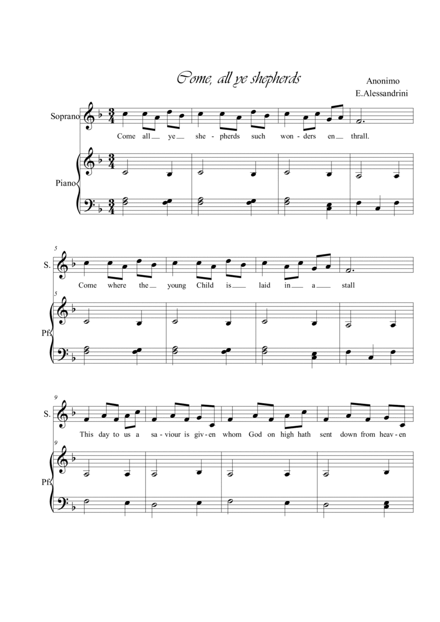 Come, all ye shepherds. Singing and piano (arr. Ester Alessandrini)