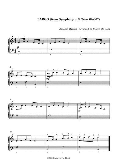 Largo from the New World Symphony (n. 9 ) by Antonin Dvorak for beginner piano (arr. Marco De Boni)