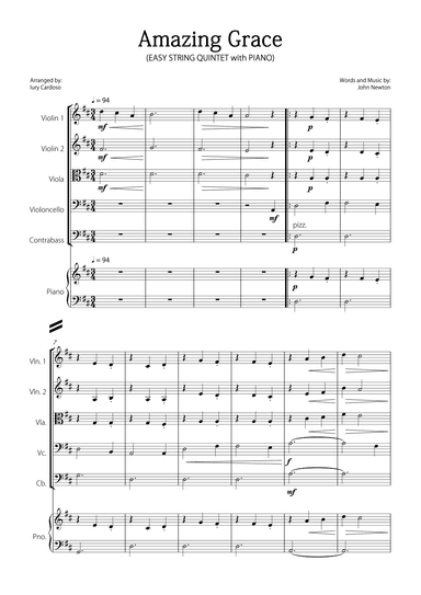 "Amazing Grace" - Beautiful EASY version for STRING QUINTET and PIANO. (arr. Iury Cardoso)